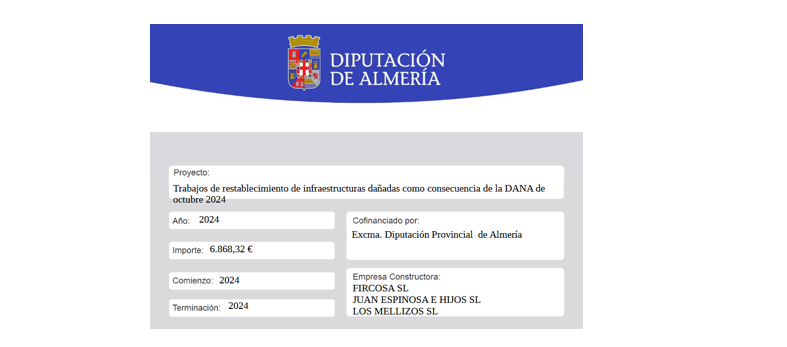 La Diputación de Almería destina 6.868.32 euros en los trabajos de restablecimiento de infraestructuras dañadas como consecuencia de la DANA  de octubre de 2024