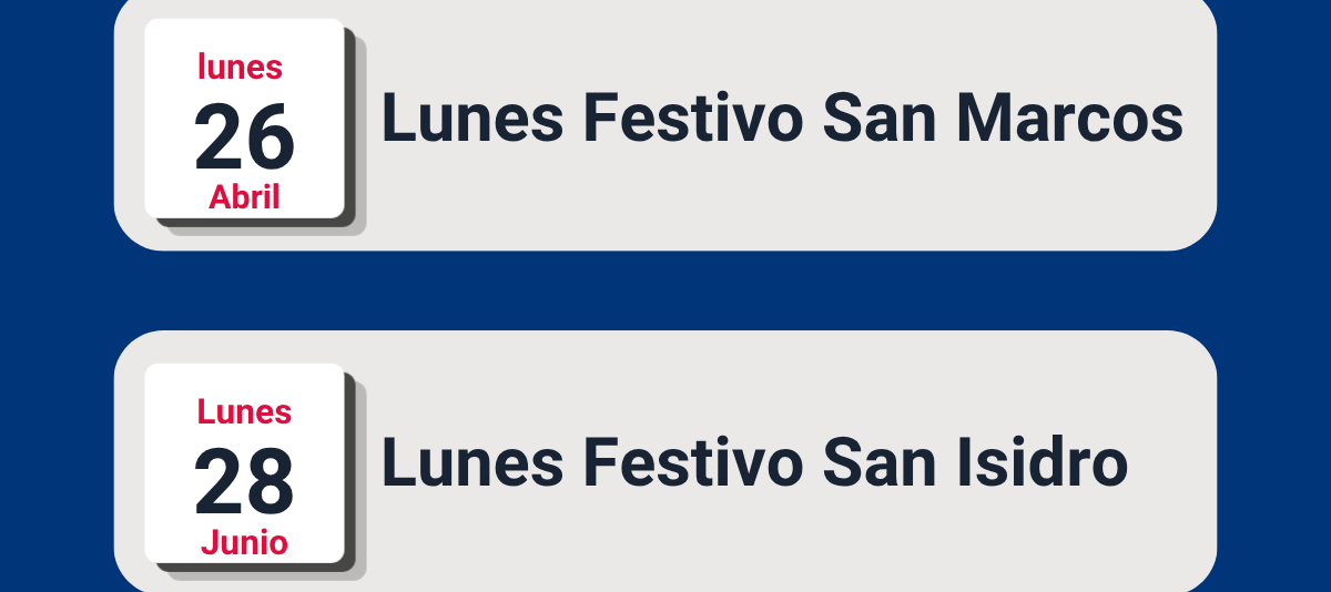 Fiestas locales de 2027: lunes 26 de abril y 28 de junio, tras las festividades de San Marcos y San Isidro.